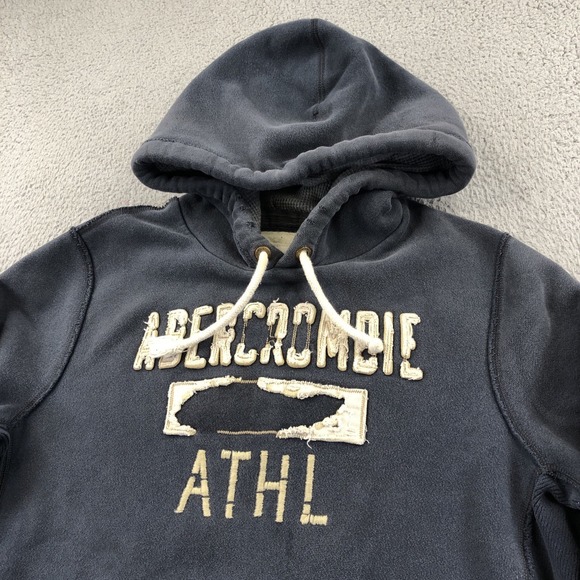 VTG Abercrombie & Fitch Hoodie Mens L Gray Y2K Puff Embroidered Heavy Distressed - Picture 8 of 16